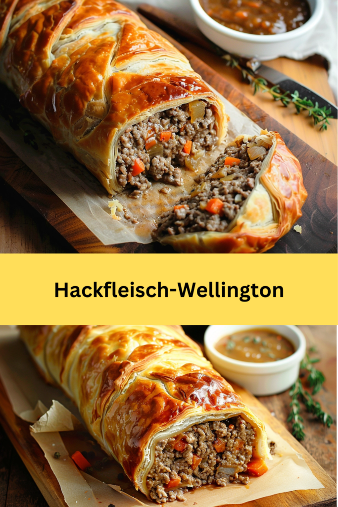 Der Hackfleisch-Wellington ist eine herzhafte und beeindruckende Variation des klassischen Beef Wellington,