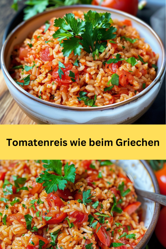 Der griechische Tomatenreis ist ein schmackhaftes Gericht, das mit seiner einfachen Zubereitung und aromatischen Gewürzen begeistert.