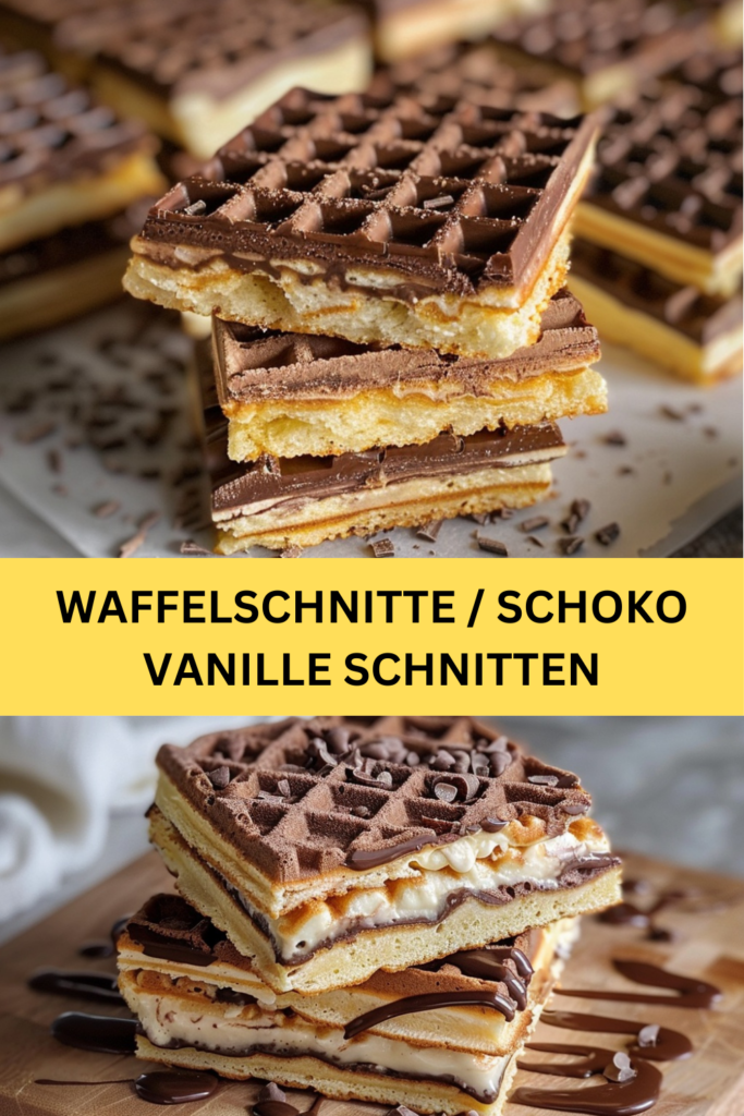 Die Waffelschnitte, auch bekannt als Schoko-Vanille-Schnitten, ist ein unwiderstehliches Dessert, das sowohl optisch als auch